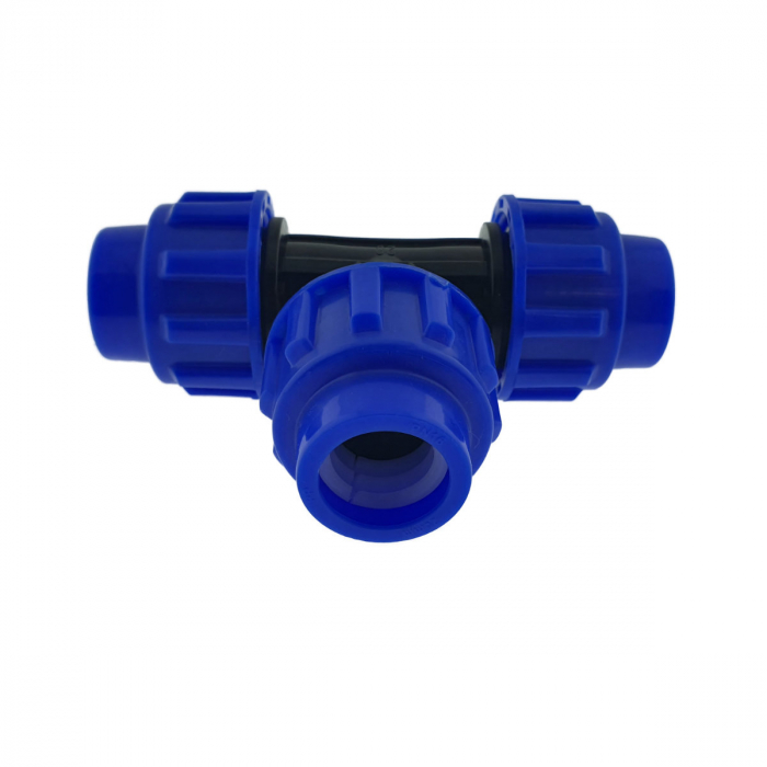 Teu hidraulic compresiune PEHD 20mm, PN16, 3 x piulita, pentru conducte MDPE/PE de apa, irigatii si antiincendiu, albastru-negru [4]
