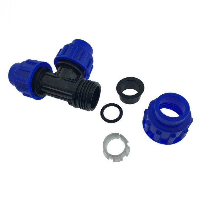 Teu hidraulic compresiune PEHD 20mm, PN16, 3 x piulita, pentru conducte MDPE/PE de apa, irigatii si antiincendiu, albastru-negru [3]