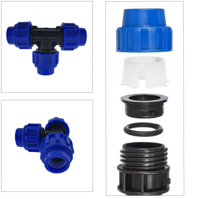 Teu hidraulic compresiune PEHD 20mm, PN16, 3 x piulita, pentru conducte MDPE/PE de apa, irigatii si antiincendiu, albastru-negru [5]