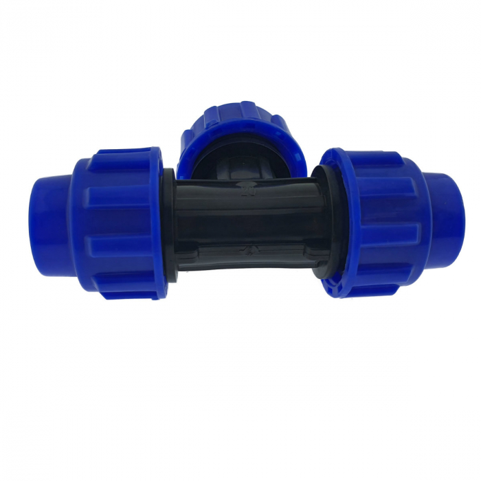 Teu hidraulic compresiune PEHD 32mm, 3 x piulita, PN16, pentru conducte MDPE/PE de apa, irigatii si antiincendiu, albastru-negru [6]