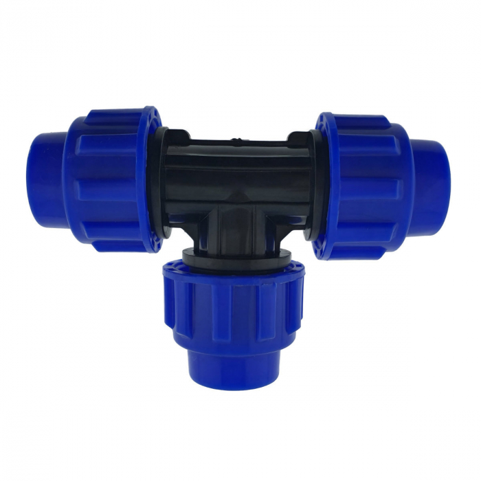 Teu hidraulic compresiune PEHD 32mm, 3 x piulita, PN16, pentru conducte MDPE/PE de apa, irigatii si antiincendiu, albastru-negru [1]