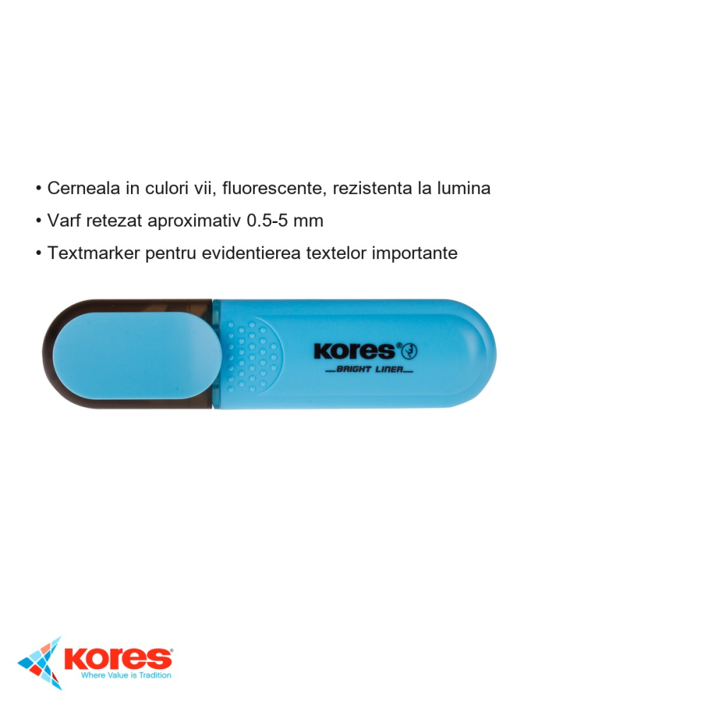 Textmarker albastru Kores, varf tesit 1-5mm, cerneala fluorescenta pe baza de apa, pentru evidentiat texte [3]