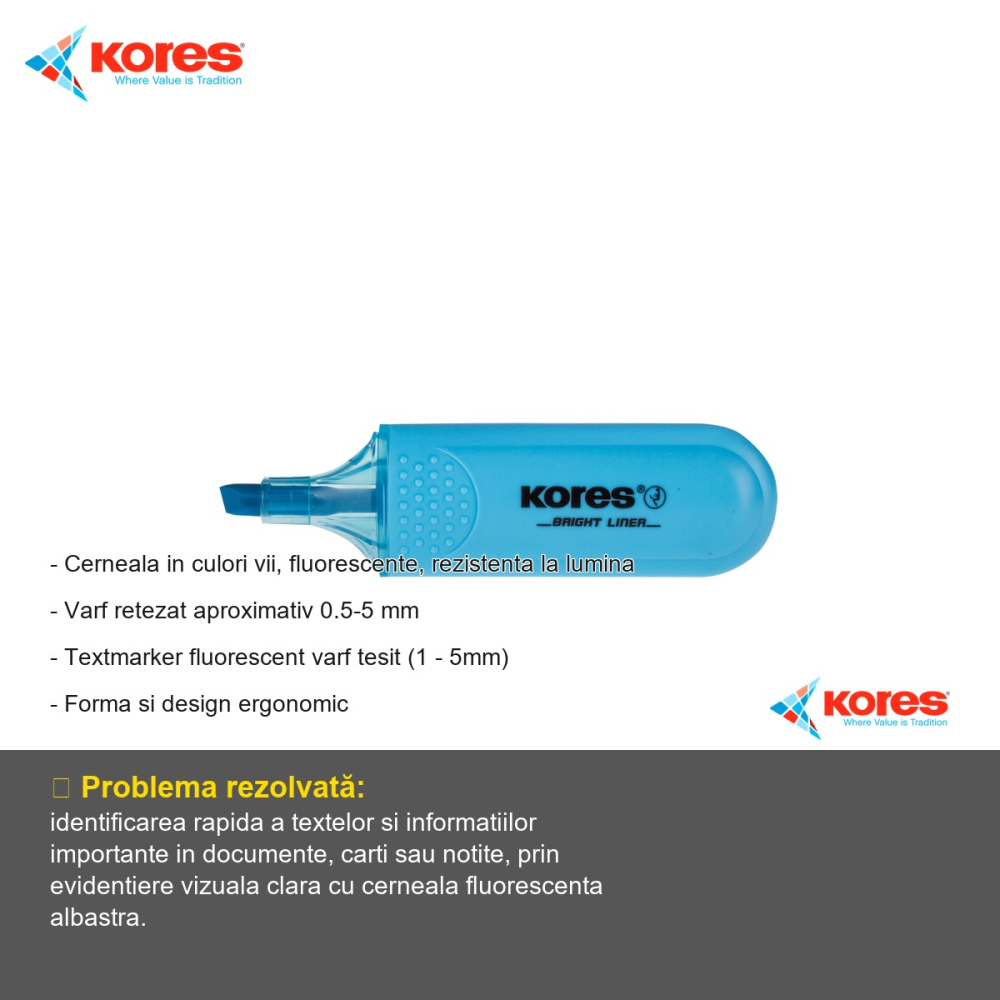 Textmarker albastru Kores, varf tesit 1-5mm, cerneala fluorescenta pe baza de apa, pentru evidentiat texte [2]