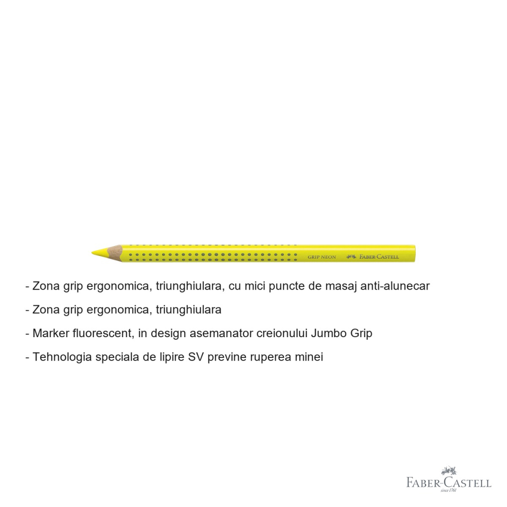 Textmarker creion Faber-Castell Grip fluorescent galben, mina groasa 5.4 mm, zona ergonomica triunghiulara [2]