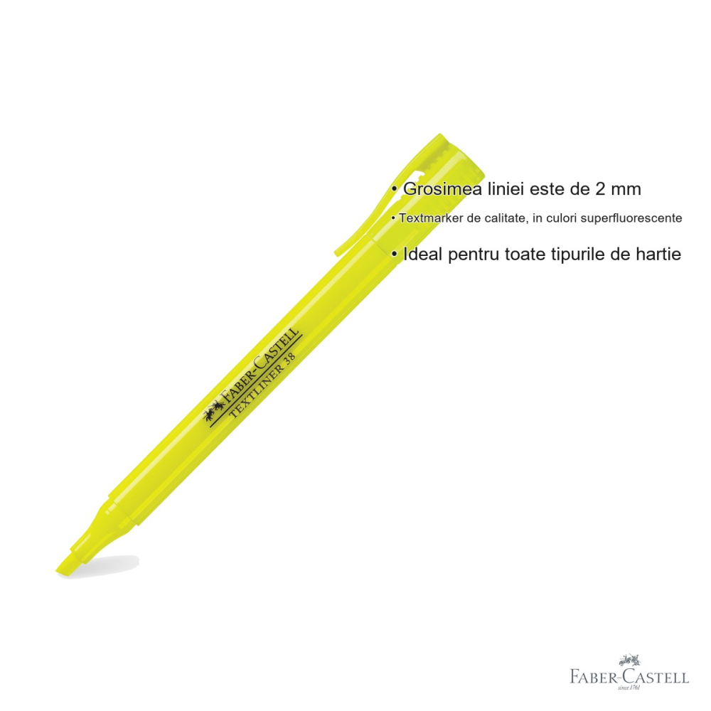 Textmarker galben Faber-Castell 38, varf tesit, 2 grosimi de scriere, superfluorescent, pentru birou si studiu [3]