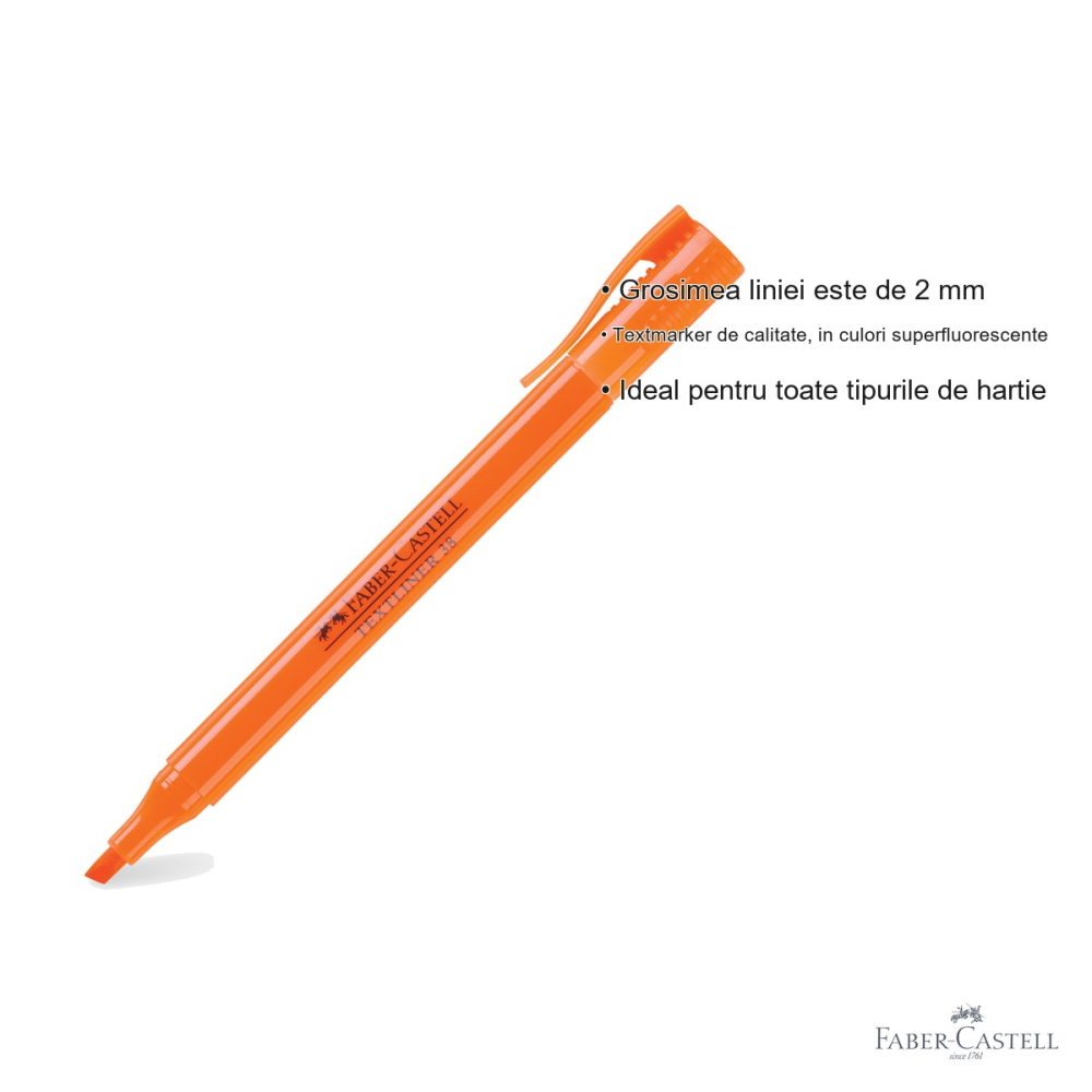 Textmarker portocaliu Faber-Castell 38, varf tesit, 2 grosimi de scriere, superfluorescent [3]
