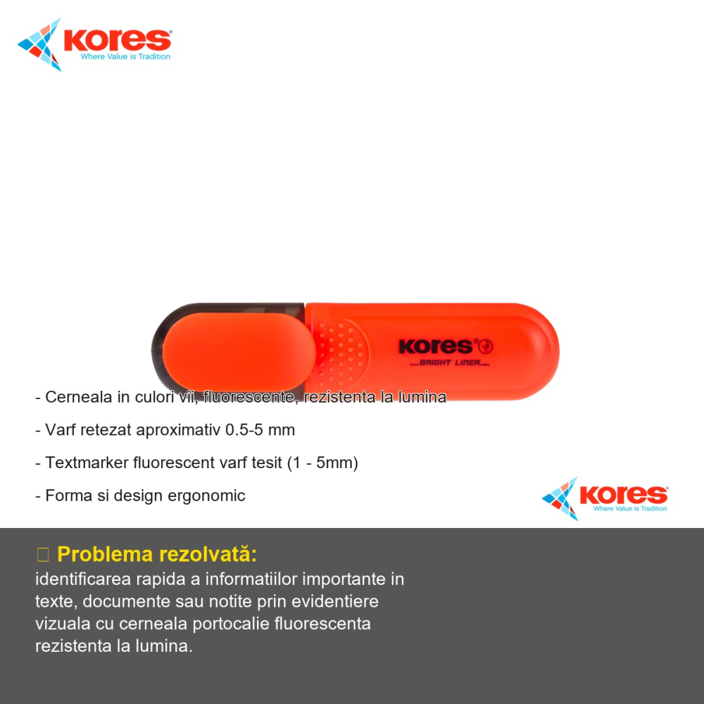 Textmarker portocaliu Kores, varf tesit 1-5 mm, cerneala fluorescenta rezistenta la lumina, pentru evidentiat texte [2]