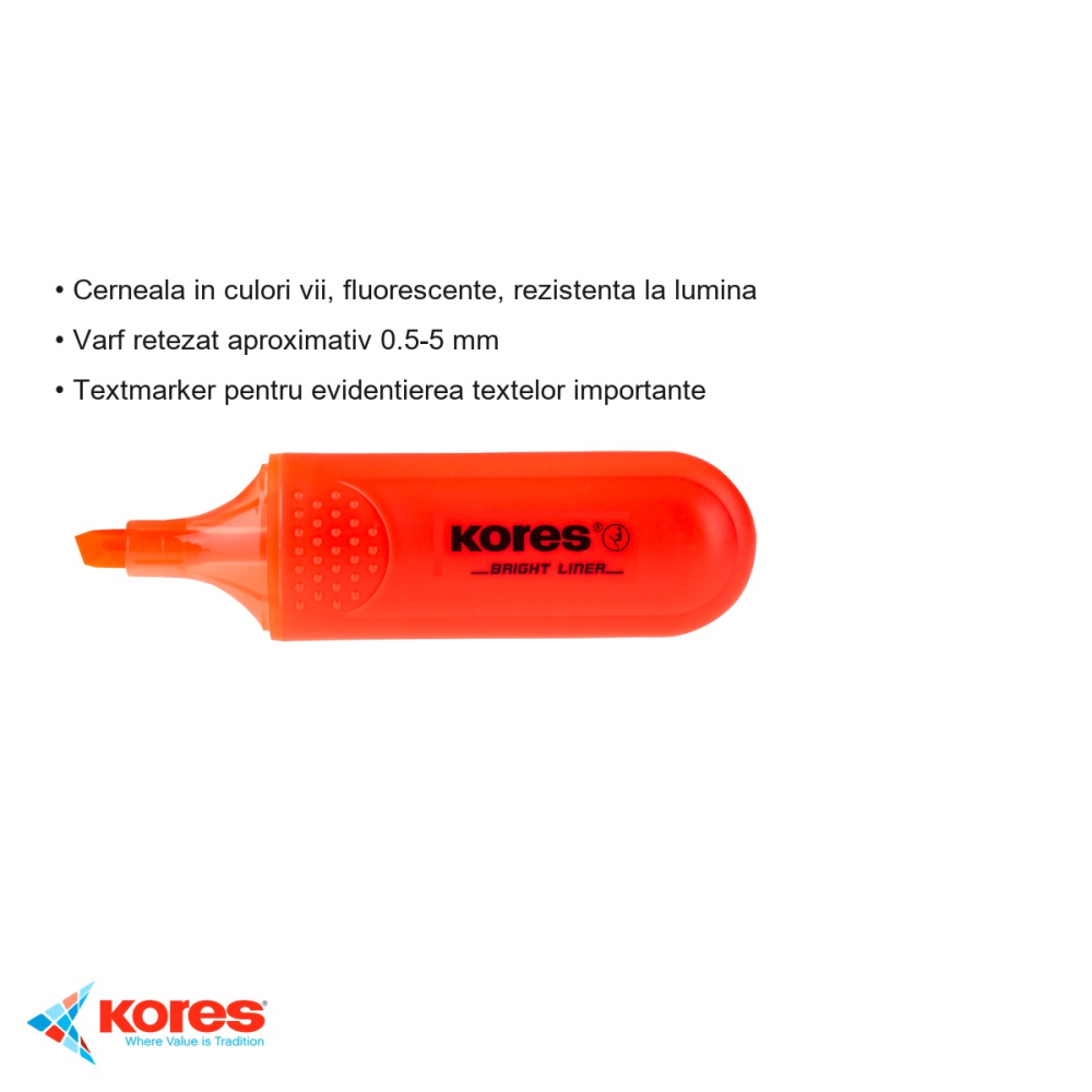 Textmarker portocaliu Kores, varf tesit 1-5 mm, cerneala fluorescenta rezistenta la lumina, pentru evidentiat texte [3]