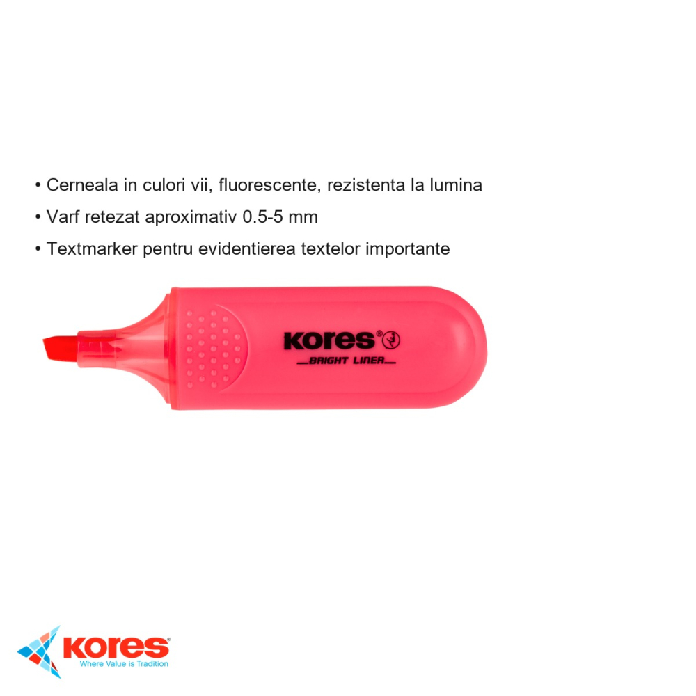 Textmarker rosu Kores, varf tesit 1-5 mm, cerneala fluorescenta pe baza de apa, pentru evidentiat texte [3]