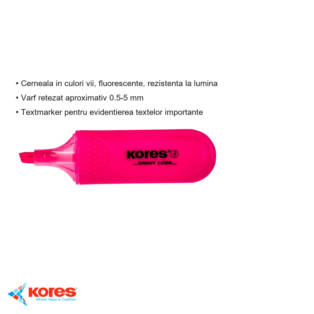 Textmarker roz Kores, varf tesit 1-5mm, cerneala fluorescenta pe baza de apa, pentru evidentiat texte [3]