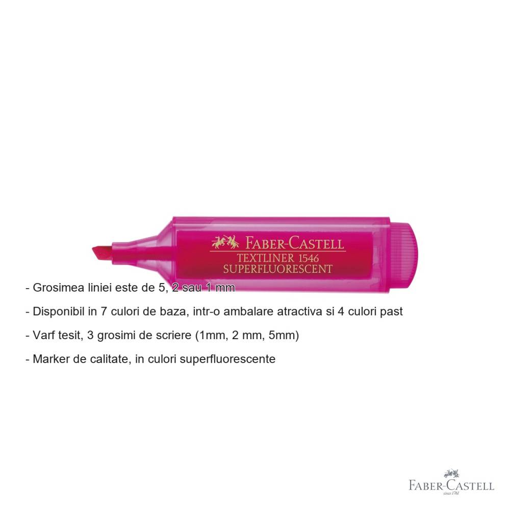 Textmarker roz superfluorescent Faber-Castell 1546, varf tesit, cerneala pe baza de apa, pentru birou si studiu [2]