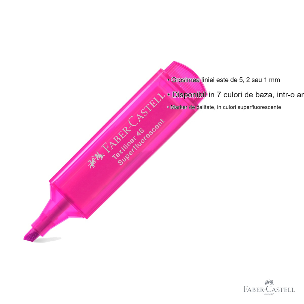 Textmarker roz superfluorescent Faber-Castell 1546, varf tesit, cerneala pe baza de apa, pentru birou si studiu [3]