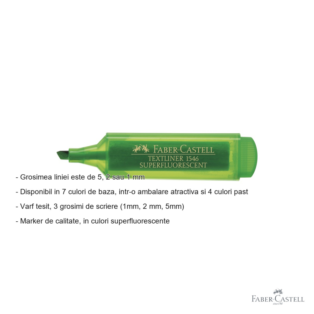 Textmarker verde superfluorescent Faber-Castell 1546, varf tesit 3 grosimi, cerneala pe baza de apa, reincarcabil [2]