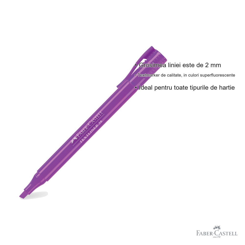 Textmarker violet Faber-Castell 38, varf tesit, 2 grosimi de scriere, superfluorescent, pentru birou si scoala [3]