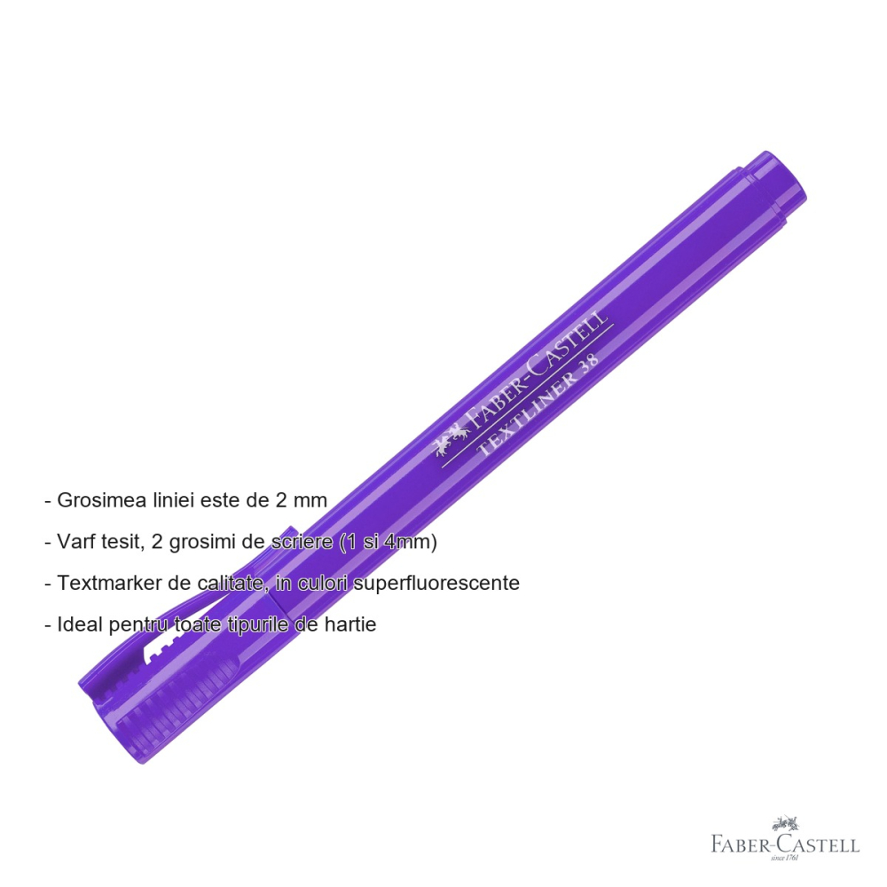 Textmarker violet Faber-Castell 38, varf tesit, 2 grosimi de scriere, superfluorescent, pentru birou si scoala [2]