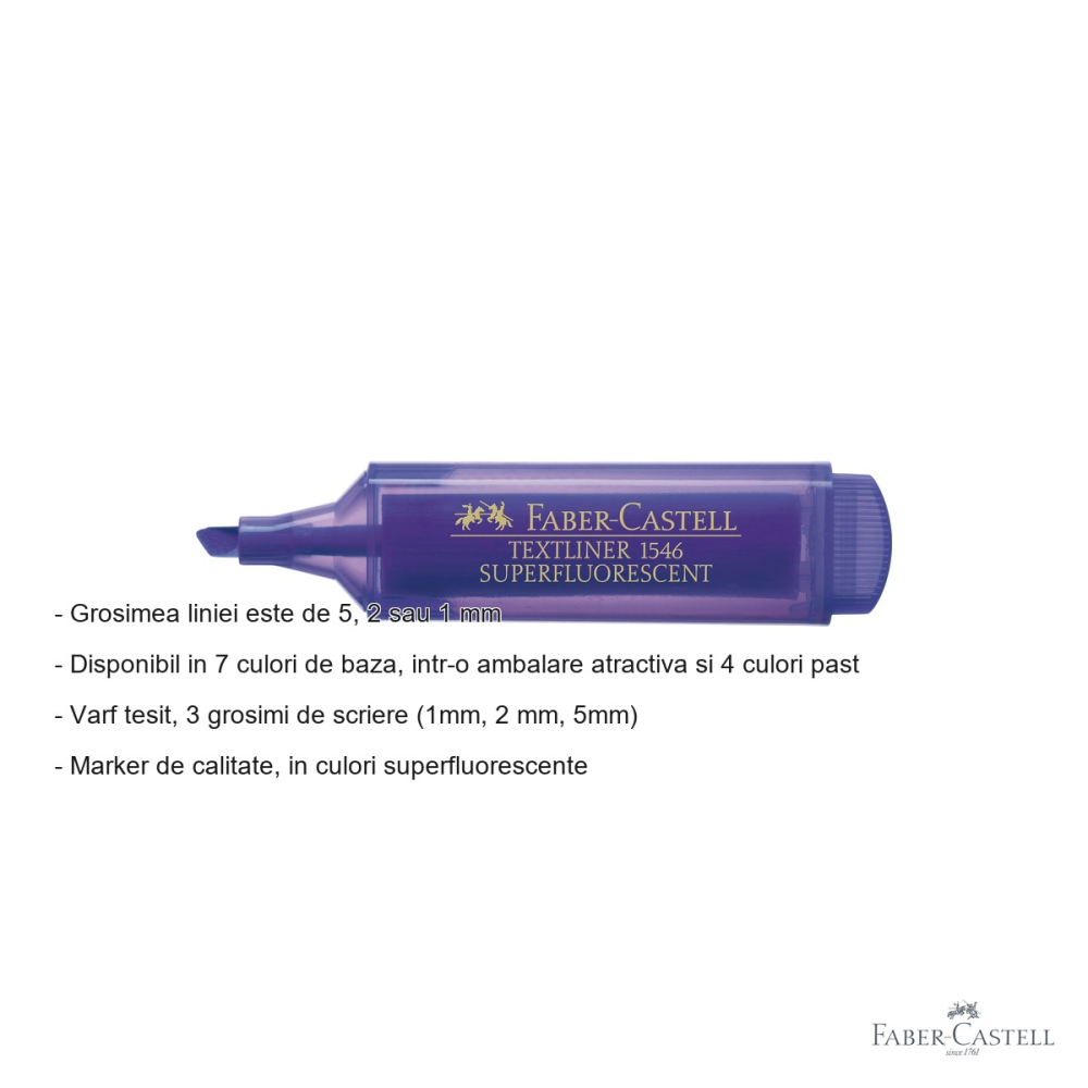 Textmarker violet superfluorescent Faber-Castell 1546, varf tesit 3 grosimi, cerneala pe baza de apa [2]
