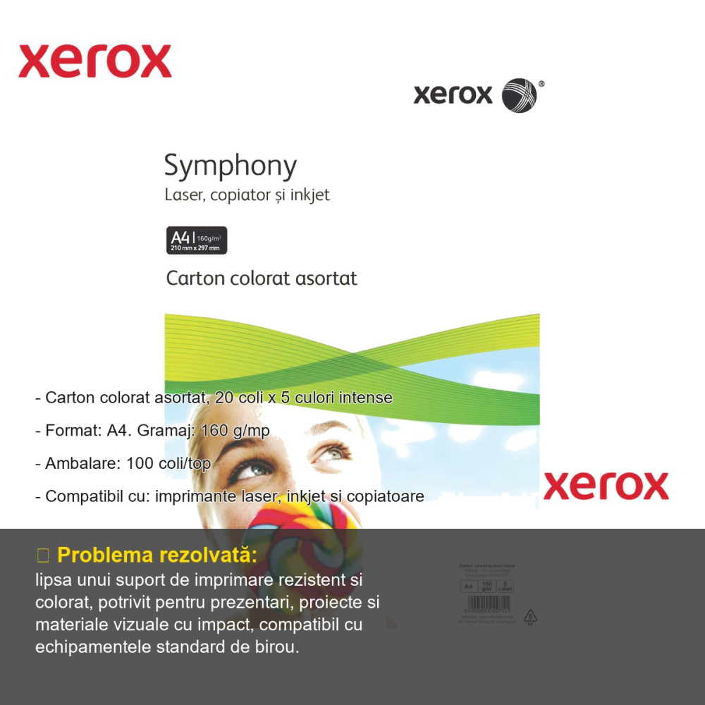 Top carton colorat Xerox A4, 160 g/mp, 5 culori intense asortate, compatibil imprimante laser, inkjet si copiatoare, 100 coli [2]