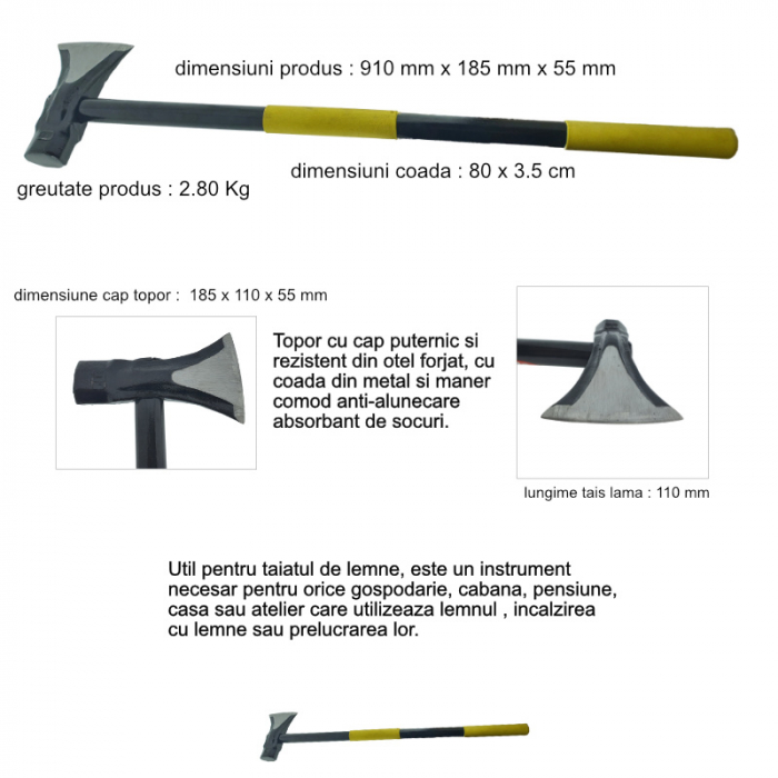Topor din otel forjat, pentru despicat, 2.8 Kg, cu coada din metal si maner izolat anti-alunecare, prindere cu ambele maini, lungime 90 cm [6]