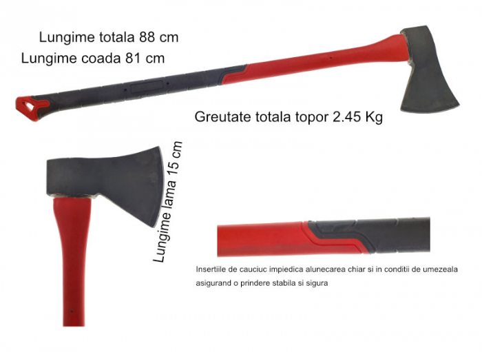 Topor pentru despicat, 2.45 Kg, cu coada din fibra si maner izolat anti-alunecare , lungime 88 cm, rosu cu negru [5]