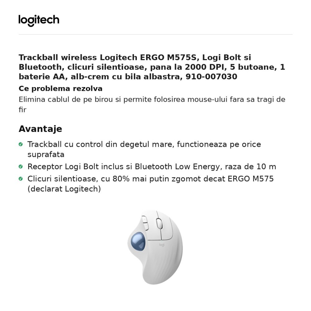 Trackball wireless Logitech ERGO M575S, Logi Bolt si Bluetooth, clicuri silentioase, pana la 2000 DPI, 5 butoane, 1 baterie AA, alb-crem cu bila albastra, 910-007030 [2]