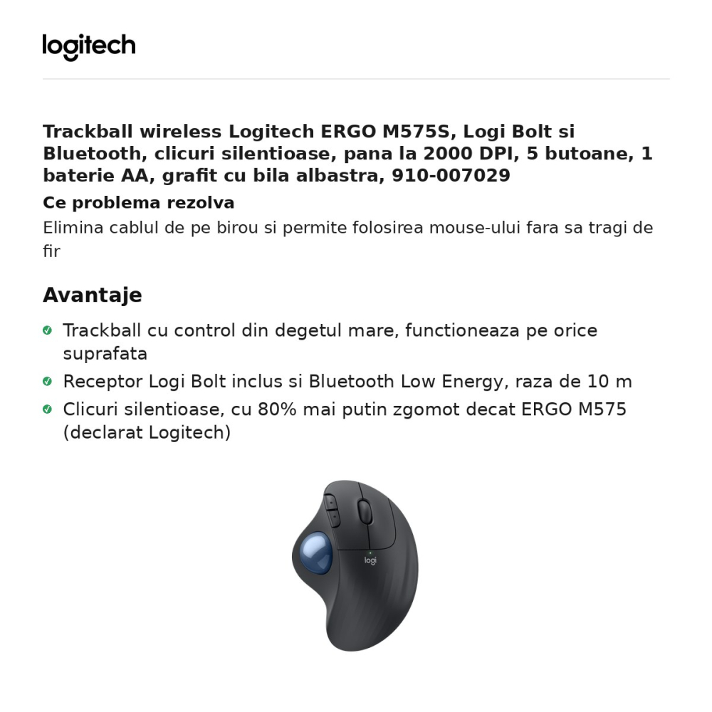 Trackball wireless Logitech ERGO M575S, Logi Bolt si Bluetooth, clicuri silentioase, pana la 2000 DPI, 5 butoane, 1 baterie AA, grafit cu bila albastra, 910-007029 [2]