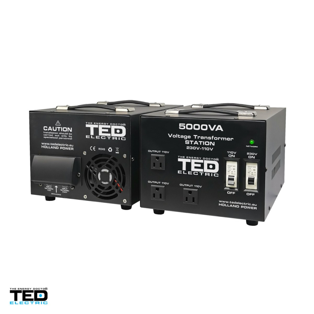 Transformator de tensiune TED Electric TED000255, 230 V la 110-115 V, reversibil, 5000 VA / 4000 W, carcasa cu 3 prize universale si bloc terminale, 285 x 190 x 201 mm [4]