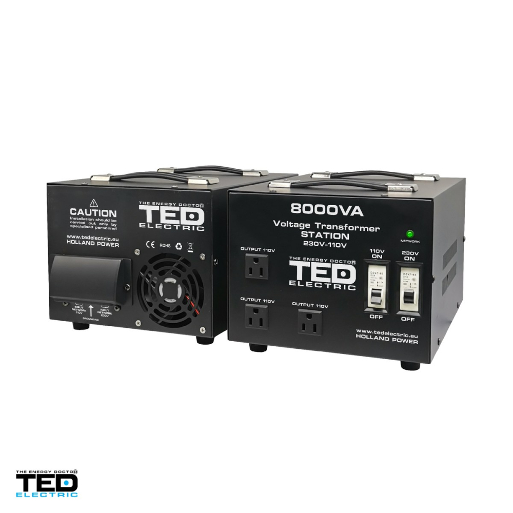 Transformator de tensiune TED Electric TED000262, 230 V la 110-115 V, reversibil, 8000 VA / 6400 W, carcasa cu 3 prize universale si bloc terminale, 335 x 220 x 230 mm [4]