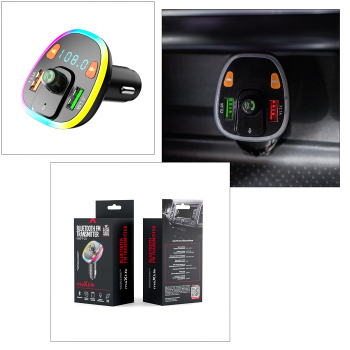 Transmitator FM Bluetooth v 5.0, MP3, WMA, FM 87.5 - 108 MHz, 2 x USB, incarcare 3.1A, cititor TF, apeluri handsfree, MXTF-03 [5]