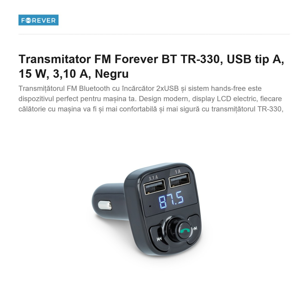 Transmitator FM Forever BT TR-330, USB tip A, 15 W, 3,10 A, Negru [2]
