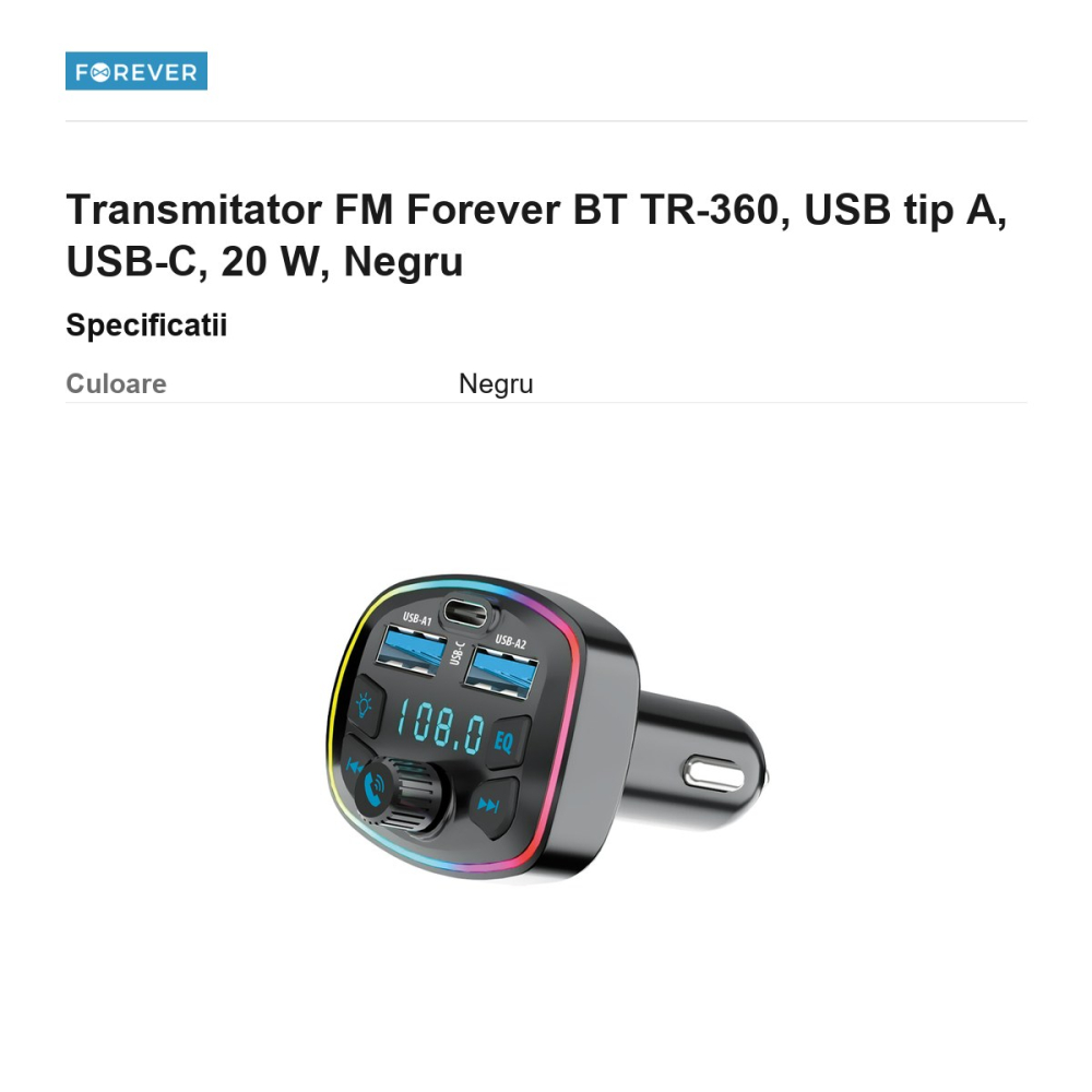 Transmitator FM Forever BT TR-360, USB tip A, USB-C, 20 W, Negru [3]