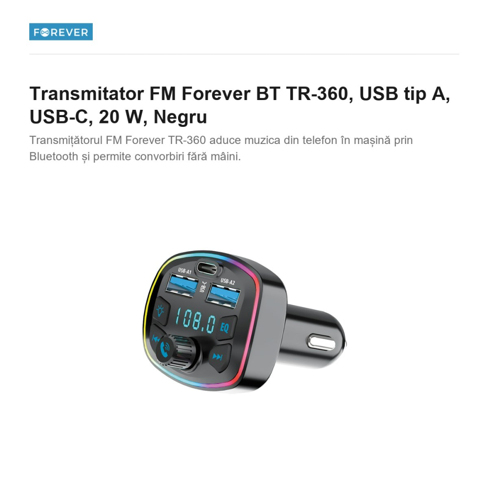 Transmitator FM Forever BT TR-360, USB tip A, USB-C, 20 W, Negru [2]