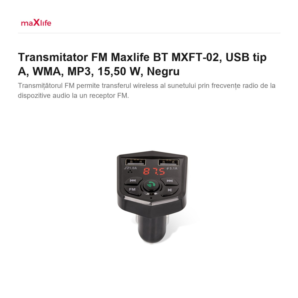 Transmitator FM Maxlife BT MXFT-02, USB tip A, WMA, MP3, 15,50 W, Negru [2]