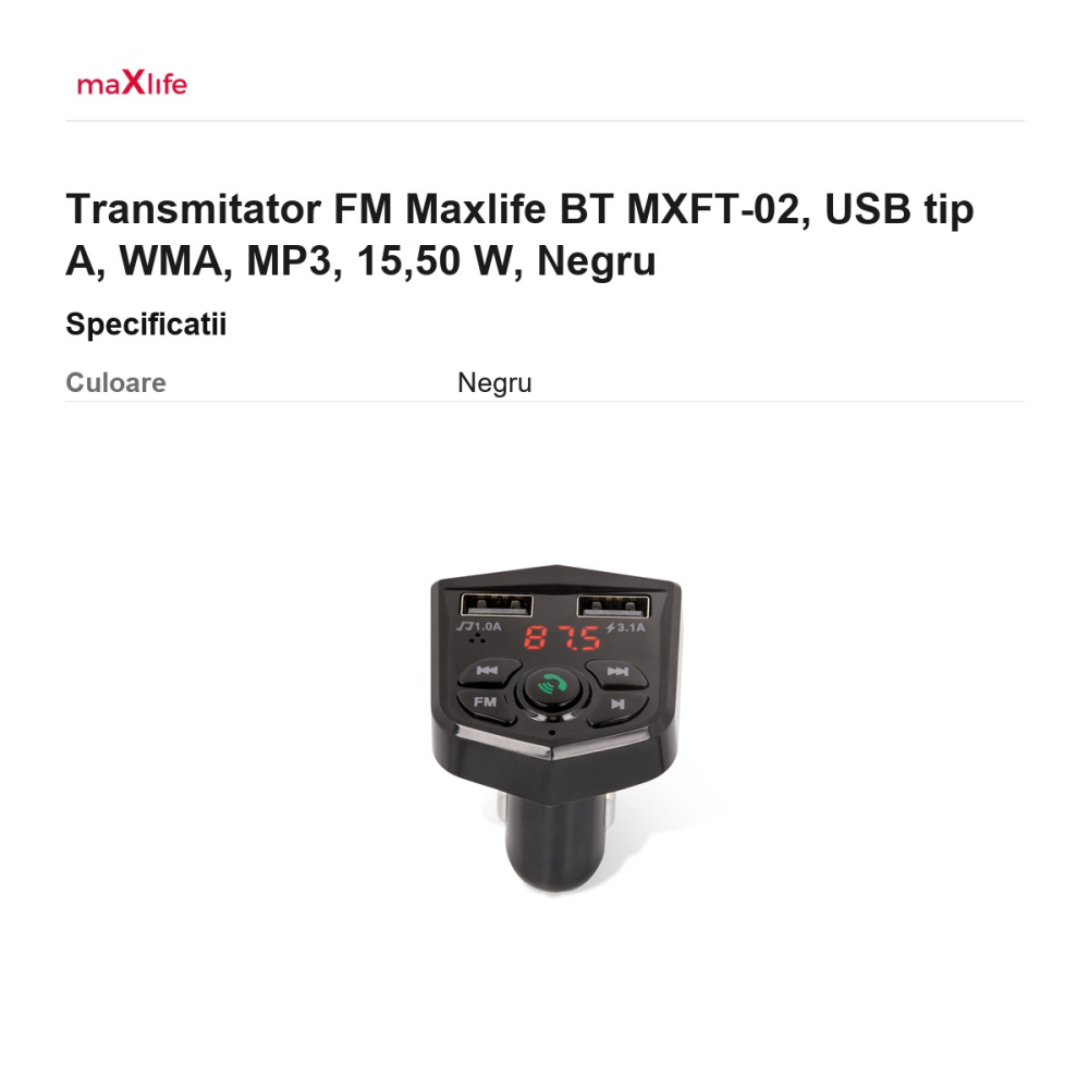 Transmitator FM Maxlife BT MXFT-02, USB tip A, WMA, MP3, 15,50 W, Negru [3]