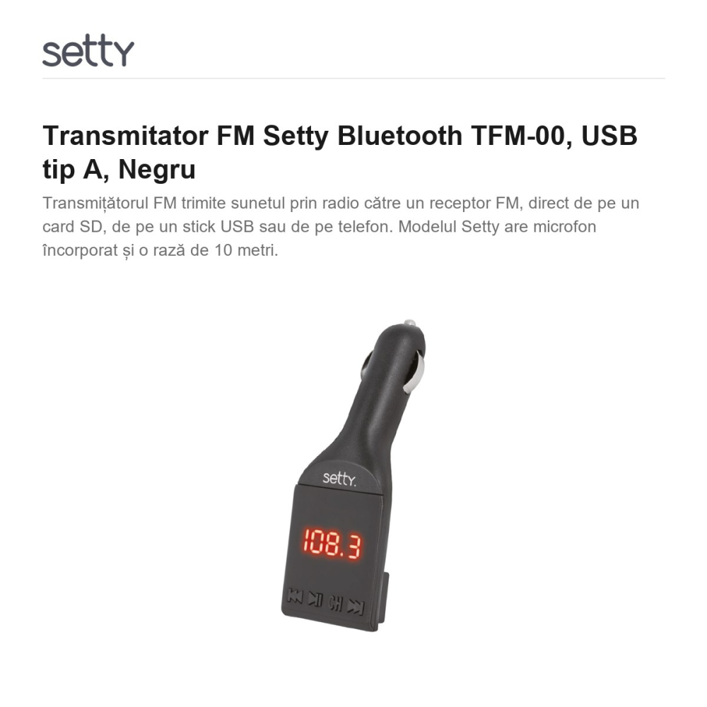 Transmitator FM Setty Bluetooth TFM-00, USB tip A, Negru [2]