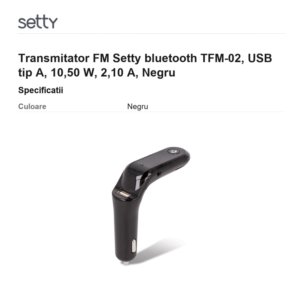 Transmitator FM Setty bluetooth TFM-02, USB tip A, 10,50 W, 2,10 A, Negru [3]