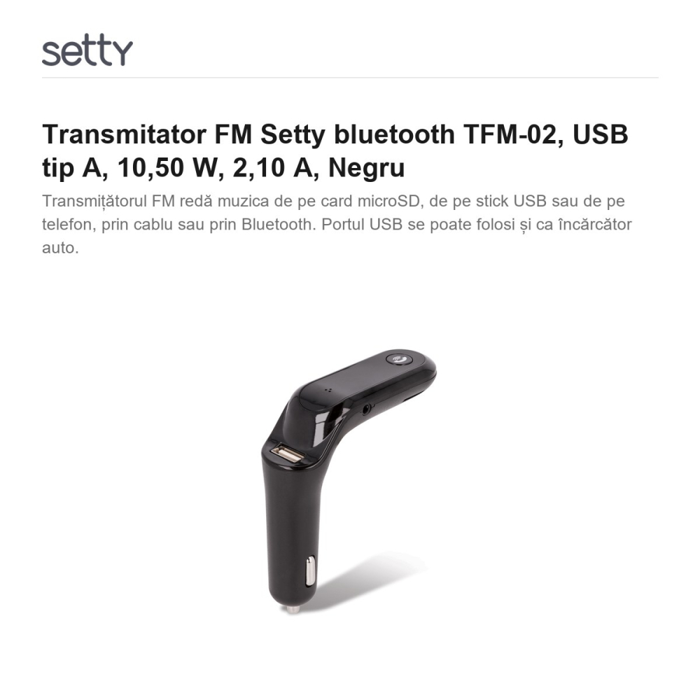 Transmitator FM Setty bluetooth TFM-02, USB tip A, 10,50 W, 2,10 A, Negru [2]