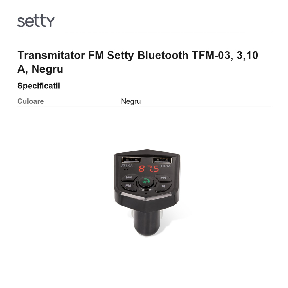 Transmitator FM Setty Bluetooth TFM-03, 3,10 A, Negru [3]