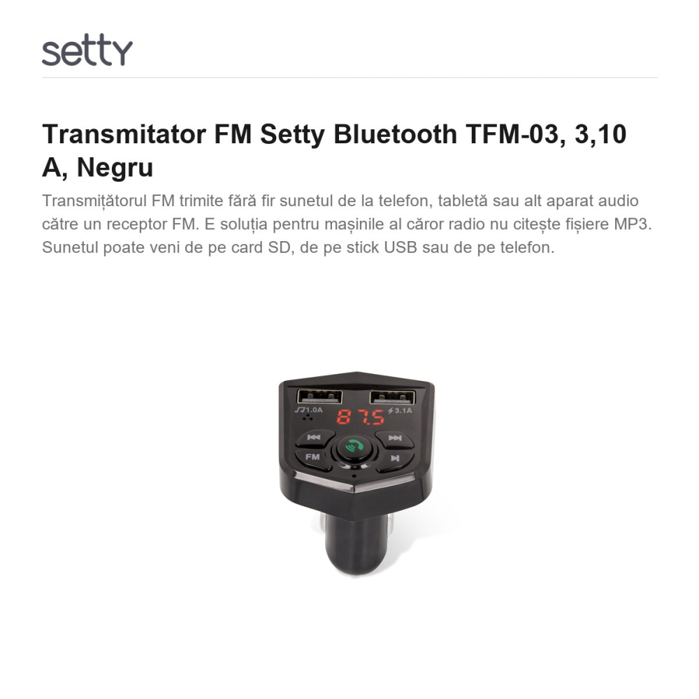Transmitator FM Setty Bluetooth TFM-03, 3,10 A, Negru [2]