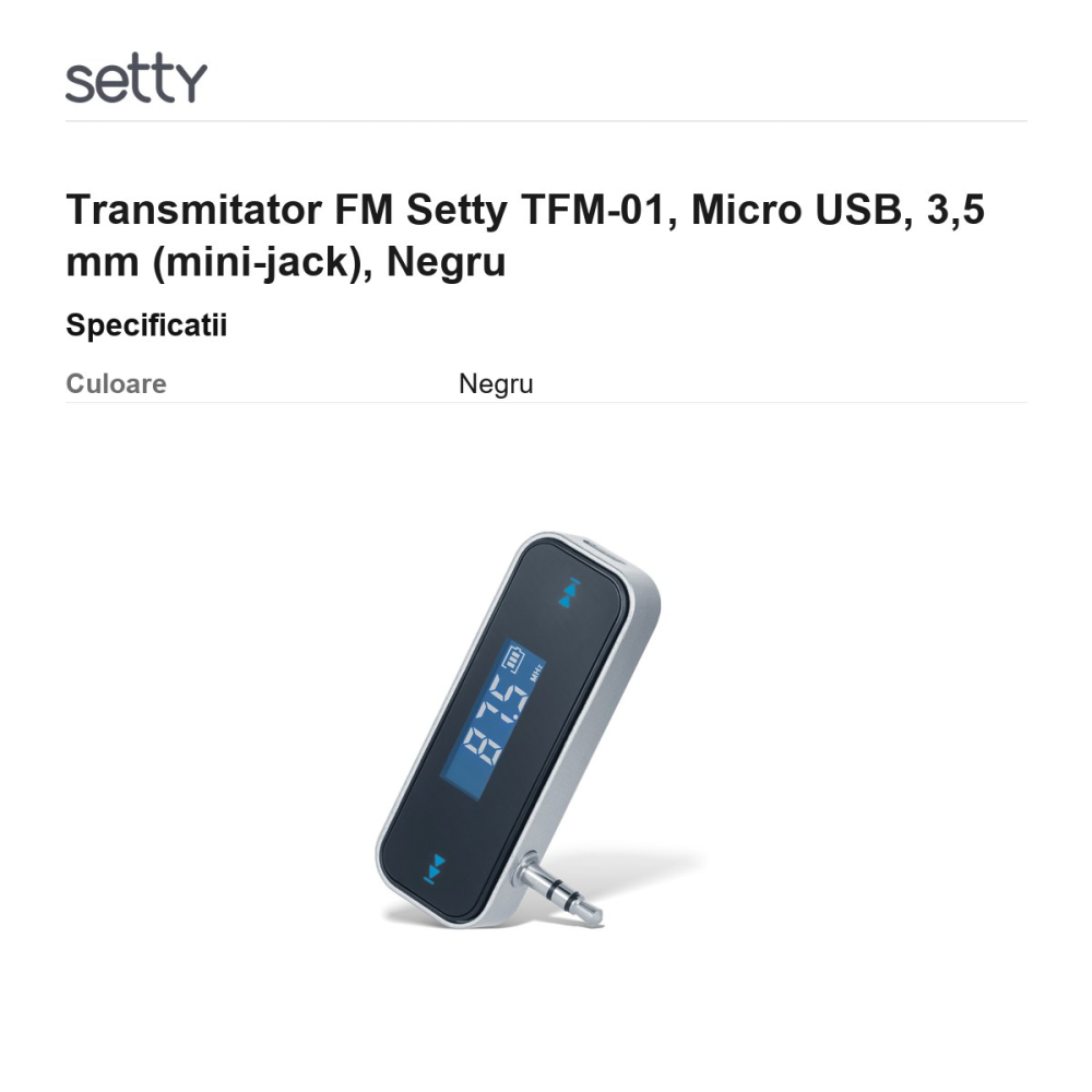Transmitator FM Setty TFM-01, Micro USB, 3,5 mm (mini-jack), Negru [3]