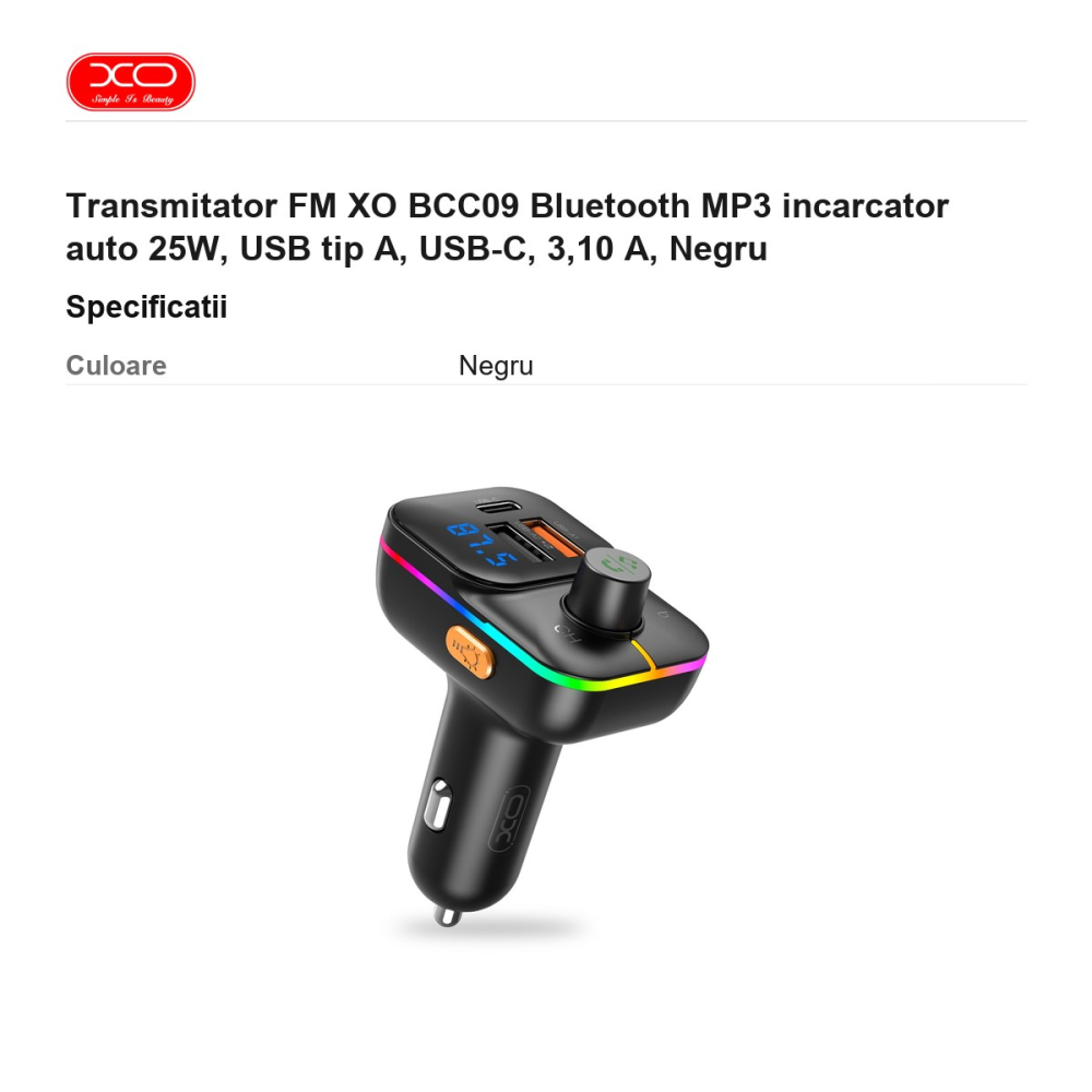 Transmitator FM XO BCC09 Bluetooth MP3 incarcator auto 25W, USB tip A, USB-C, 3,10 A, Negru [3]
