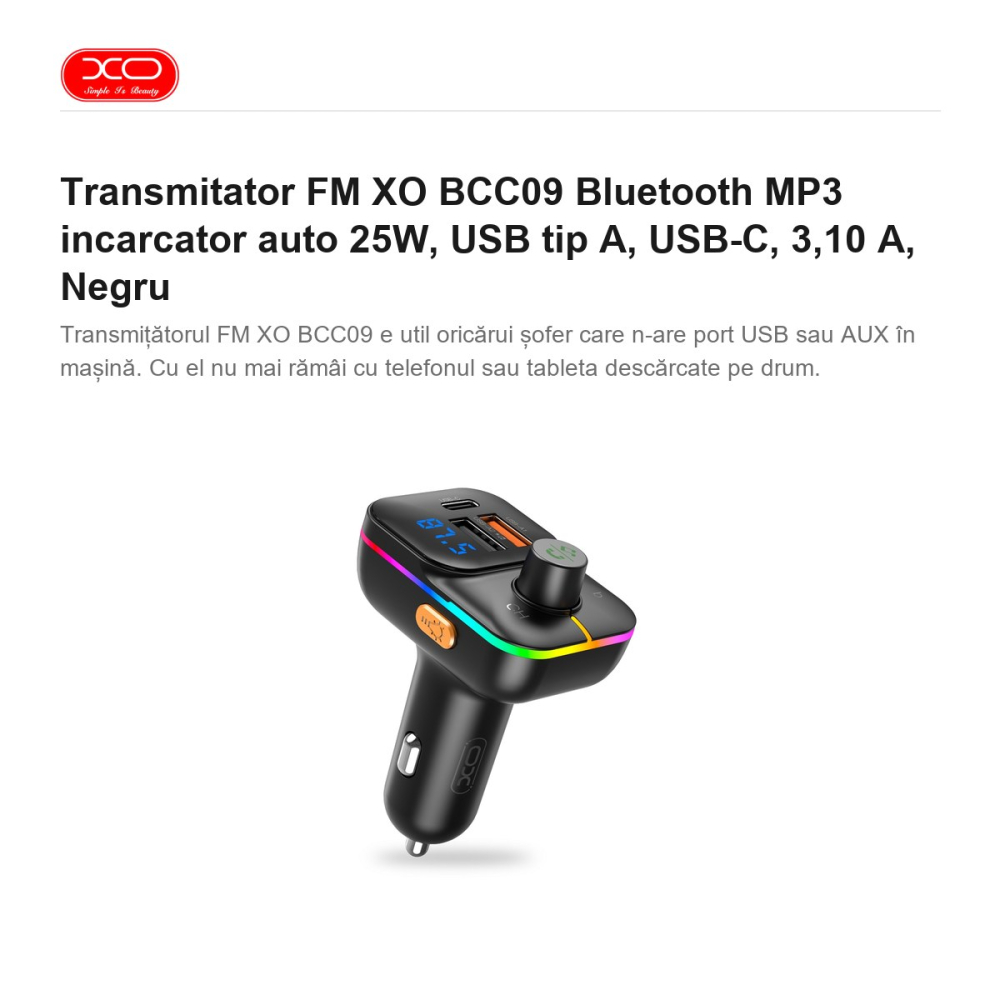 Transmitator FM XO BCC09 Bluetooth MP3 incarcator auto 25W, USB tip A, USB-C, 3,10 A, Negru [2]