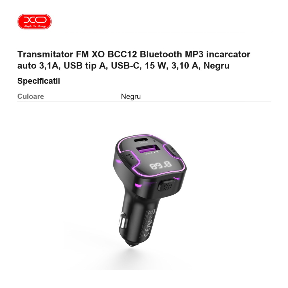 Transmitator FM XO BCC12 Bluetooth MP3 incarcator auto 3,1A, USB tip A, USB-C, 15 W, 3,10 A, Negru [3]