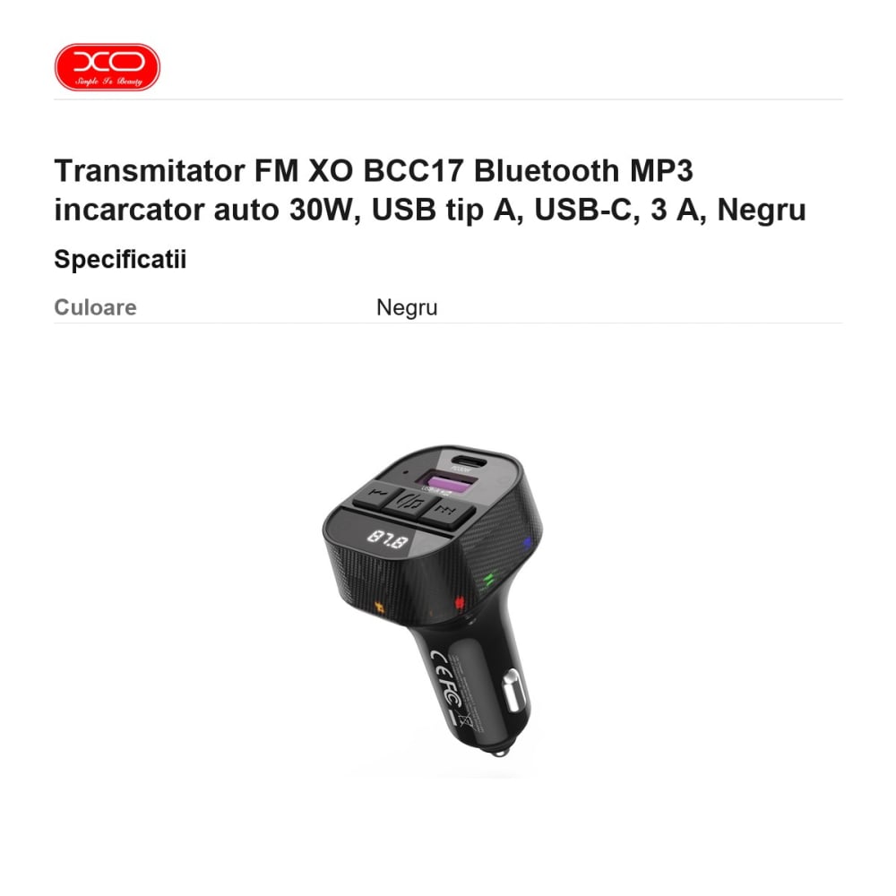 Transmitator FM XO BCC17 Bluetooth MP3 incarcator auto 30W, USB tip A, USB-C, 3 A, Negru [3]