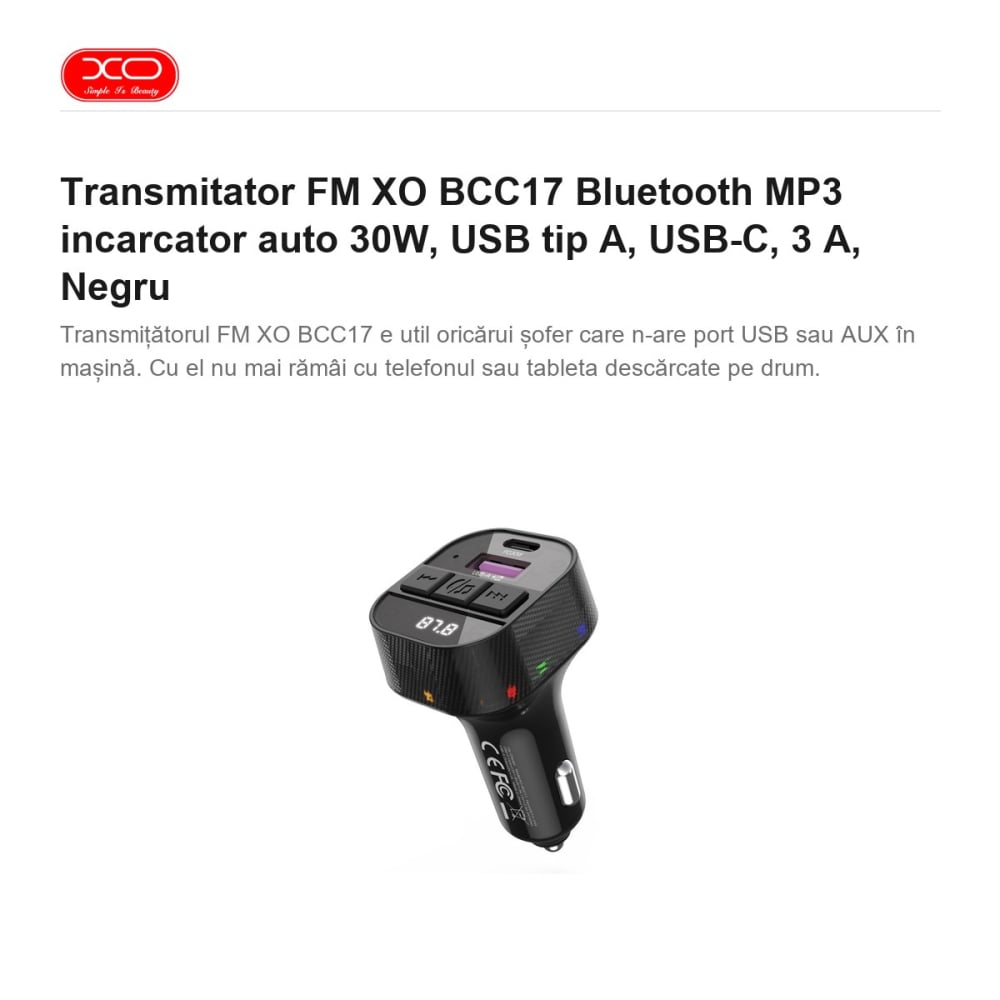 Transmitator FM XO BCC17 Bluetooth MP3 incarcator auto 30W, USB tip A, USB-C, 3 A, Negru [2]