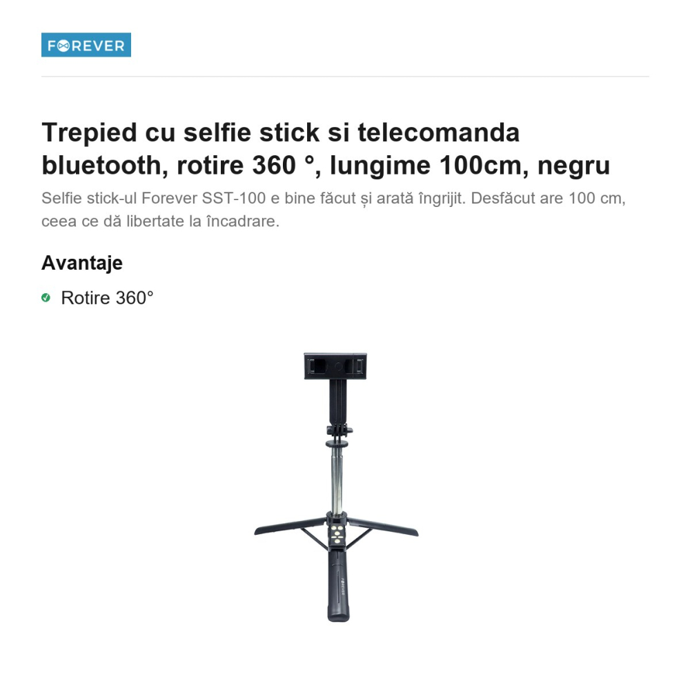 Trepied cu selfie stick si telecomanda bluetooth, rotire 360 ​​°, lungime 100cm, negru [2]