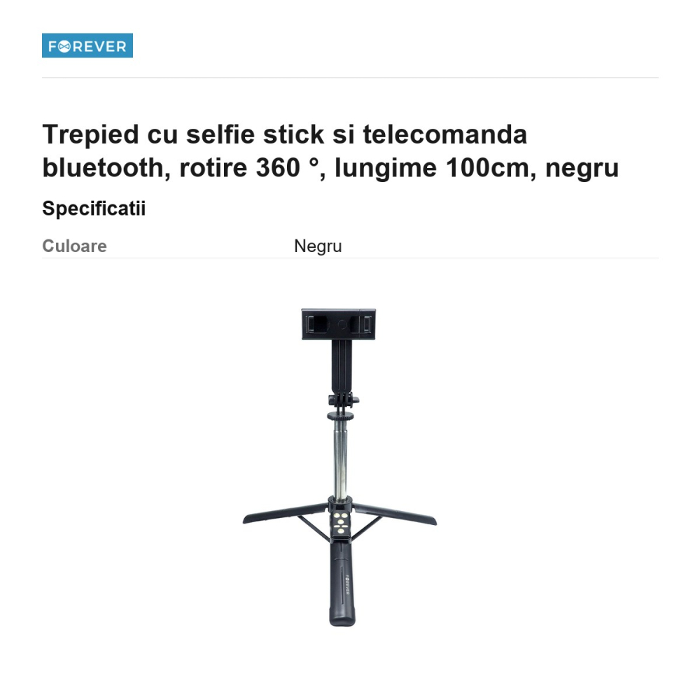 Trepied cu selfie stick si telecomanda bluetooth, rotire 360 ​​°, lungime 100cm, negru [3]