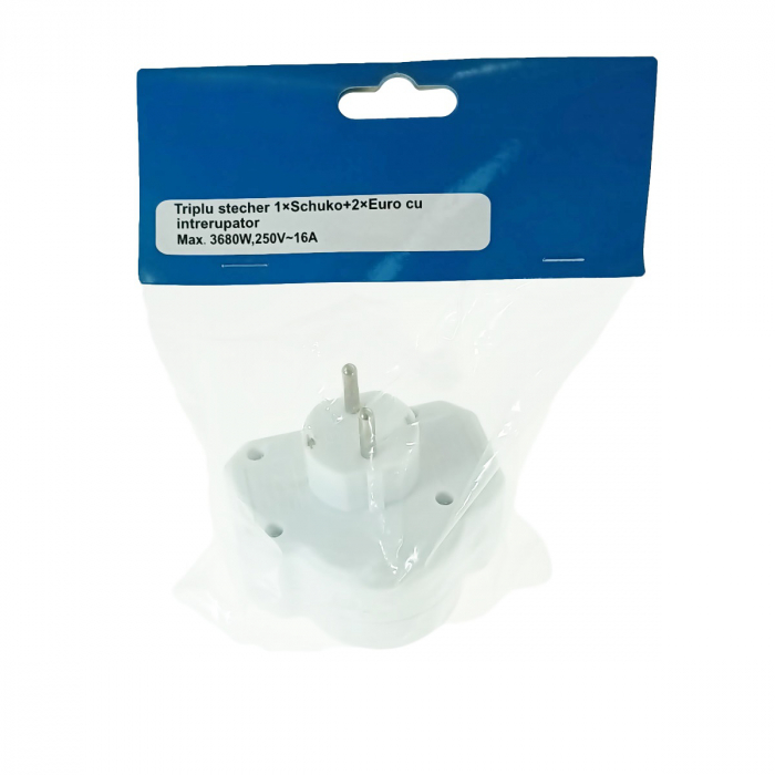Triplu stecher clasic cu intrerupator, 1xSchuko si 2xEuro, pentru priza retea, 21903, 3680W, 250V, 16A, alb [5]