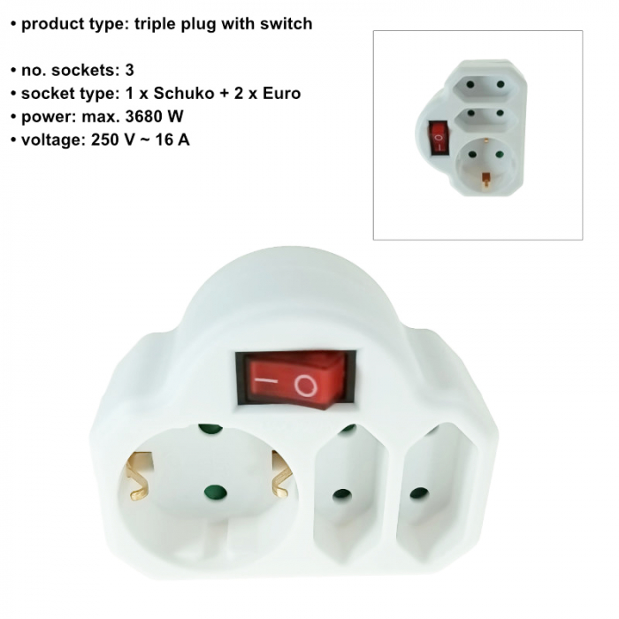 Triplu stecher clasic cu intrerupator, 1xSchuko si 2xEuro, pentru priza retea, 21903, 3680W, 250V, 16A, alb [6]