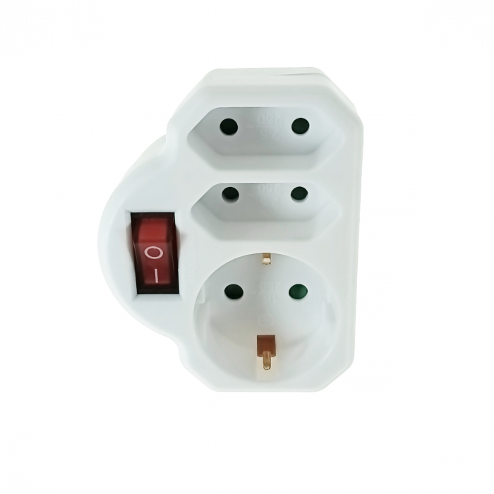 Triplu stecher clasic cu intrerupator, 1xSchuko si 2xEuro, pentru priza retea, 21903, 3680W, 250V, 16A, alb [1]