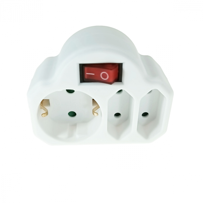 Triplu stecher clasic cu intrerupator, 1xSchuko si 2xEuro, pentru priza retea, 21903, 3680W, 250V, 16A, alb [2]